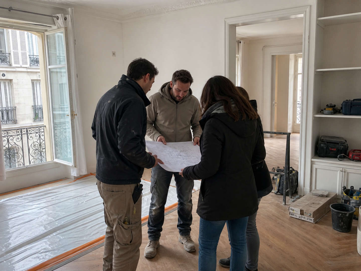 Équipe de chantier autour des plans
